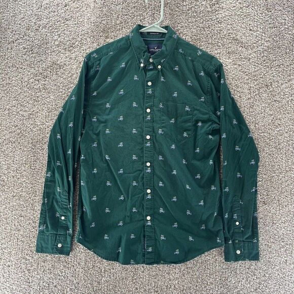 American Eagle Shirt Adult Small Green Christmas Tree Car Pattern Button Up Logo - Picture 1 of 12